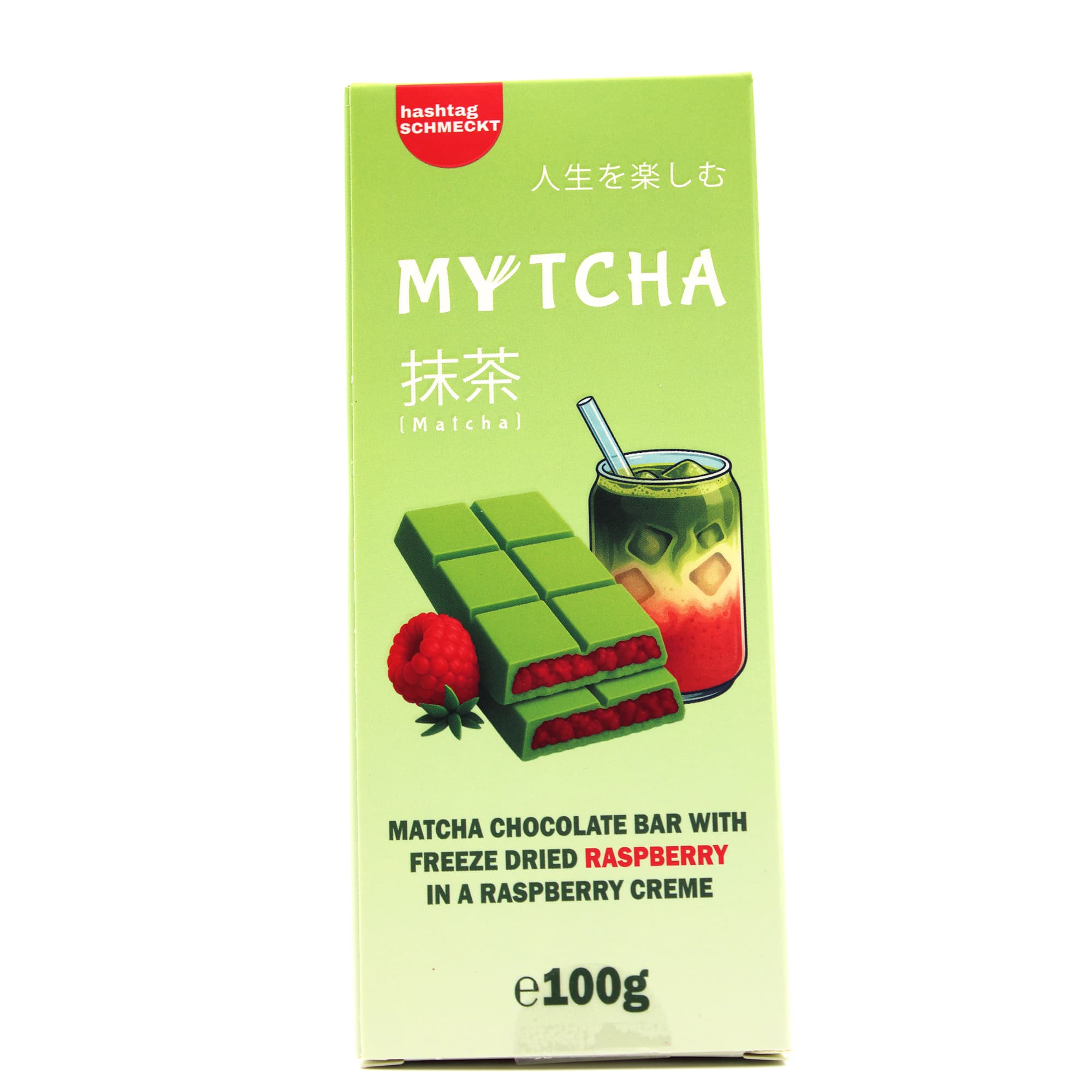 MYTCHA Matcha Raspberry – Weiße Matcha-Schokolade mit Himbeer-Creme und gefriergetrockneten Himbeeren (100 g)